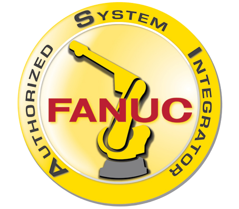 FANUC Authorized System Integrator badge featuring a yellow robot arm representing CNC robotics and automation expertise.