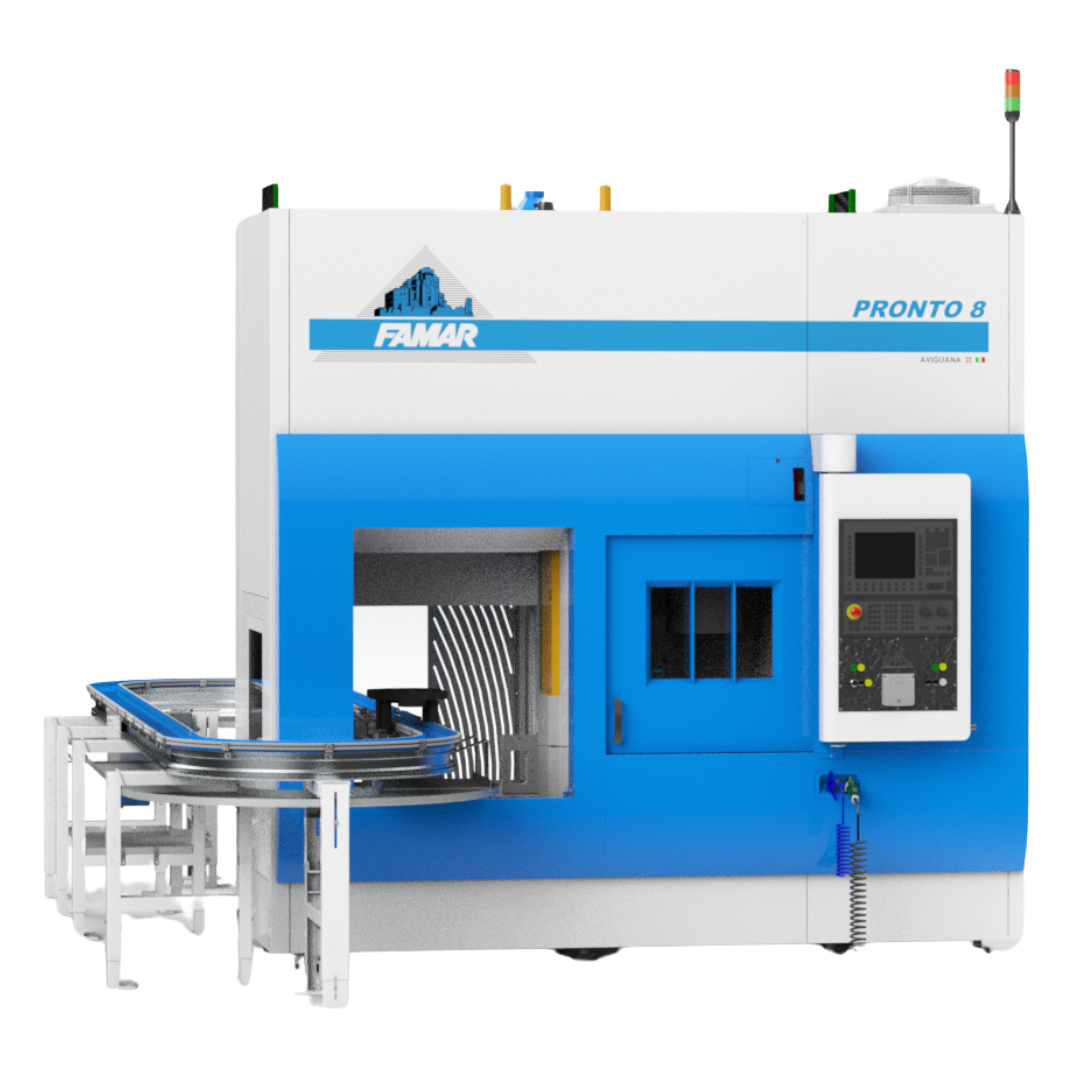 FAMAR Pronto 8 CNC turning machine with automated part handling for high-efficiency precision machining.
