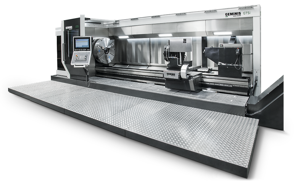 Geminis GT5i heavy duty CNC flat bed lathe designed for large part turning and machining.