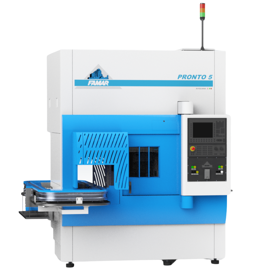 FAMAR Pronto 5 CNC turning machine with integrated automation for efficient part handling and precision machining.