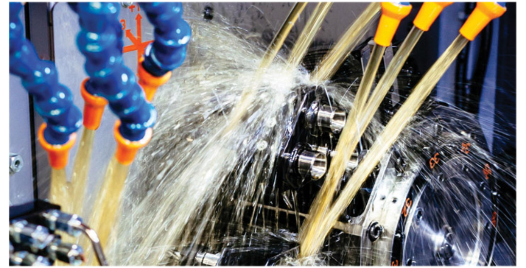 High pressure coolant system delivering targeted coolant flow during CNC machining to improve chip evacuation and increase productivity in CNC operations.